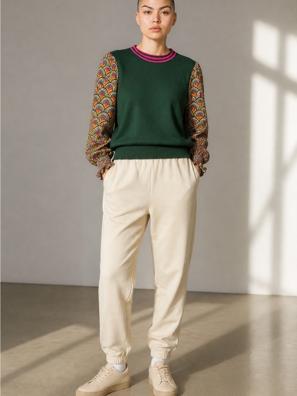 Green Sweater with Printed Sleeves and Pink-Trim Neck